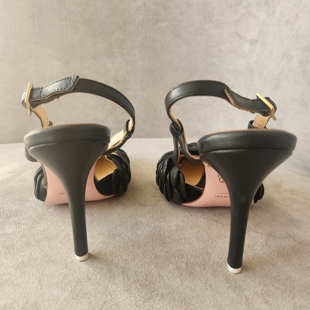 Beautiisoles Slingback Pumps 6.5 Black Leather Petals Flower Pointy Made Italy - Picture 13 of 17